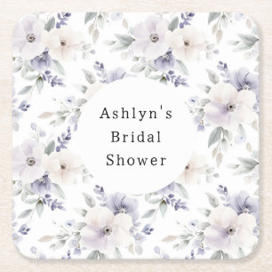 Pretty Purple Ivory Lavender Flowers Bridal Shower Square Paper Coaster