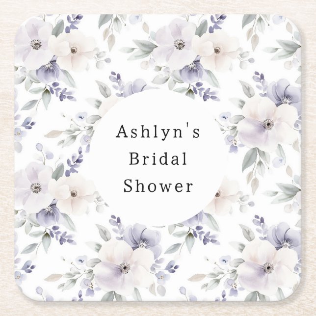 Pretty Purple Ivory Lavender Flowers Bridal Shower Square Paper Coaster (Front)