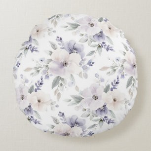 Pretty Purple Ivory Lavender Flowers Round Pillow