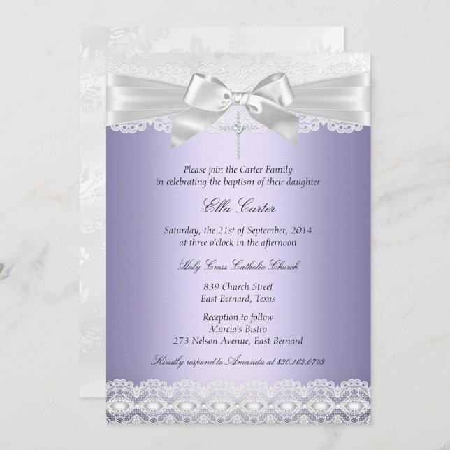 Pretty Purple Lace & Cross Baptism Invite (Front/Back)