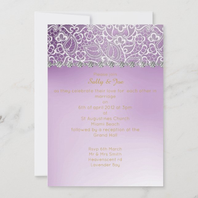 Pretty Purple Lace Diamond Wedding Invitation (Back)