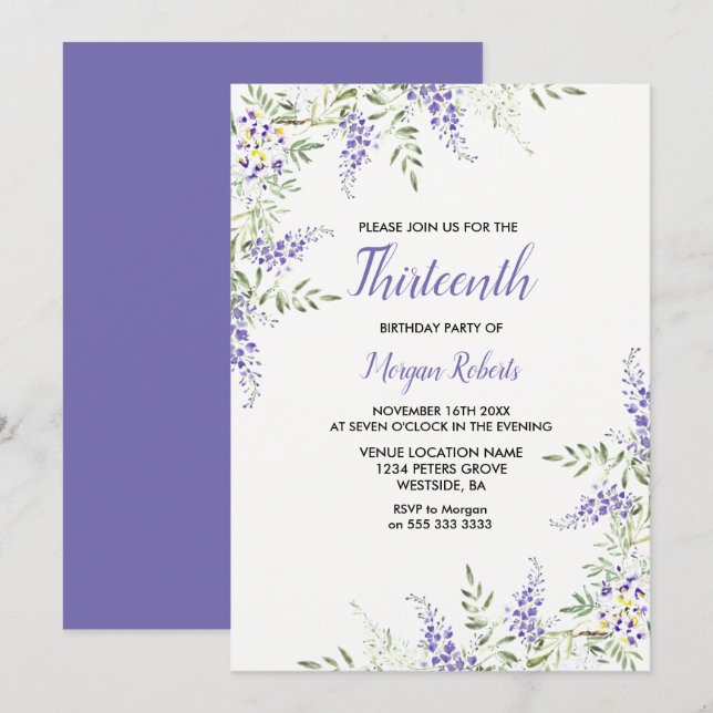 Pretty Purple Lavender Floral 13th Birthday Invite (Front/Back)
