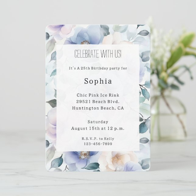 Pretty Purple Lavender White Flowers Birthday Invitation (Standing Front)