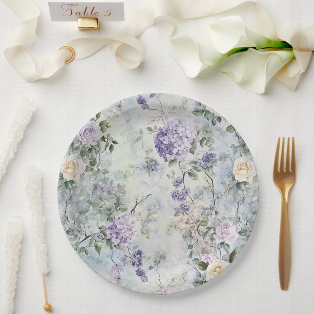 Pretty Purple Lavender White Roses Floral Wedding Paper Plate (Wedding)