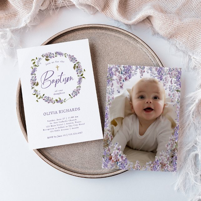 Pretty Purple Lilac Wreath and Photo | Baptism Invitation (Creator Uploaded)