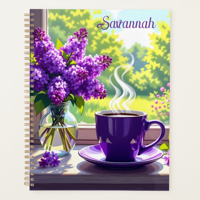 Pretty Purple Lilacs and Coffee Personalized Planner (Front)