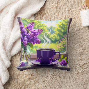 Pretty Purple Lilacs and Coffee  Throw Pillow