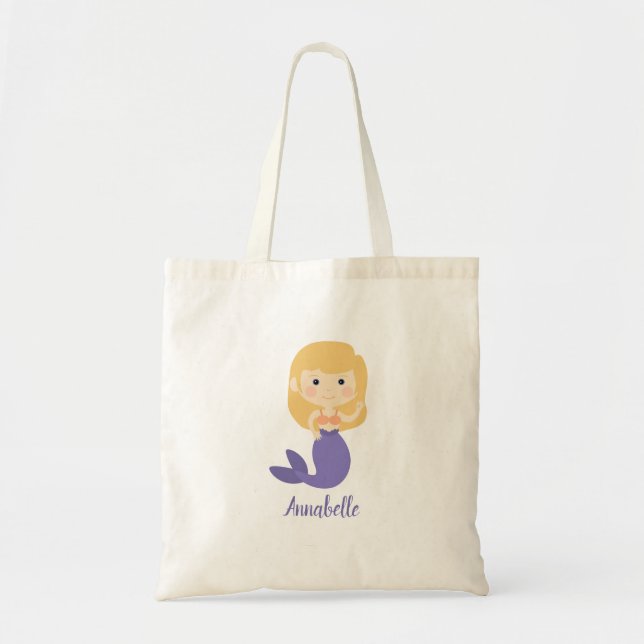 Pretty Purple Mermaid with Blonde Hair Personalize Tote Bag (Front)
