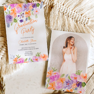 Pretty purple orange floral script graduation invitation