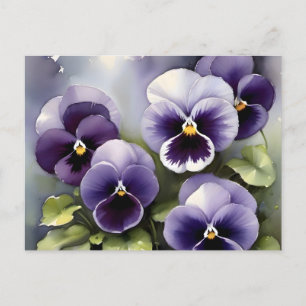Pretty purple pansies watercolor painting postcard