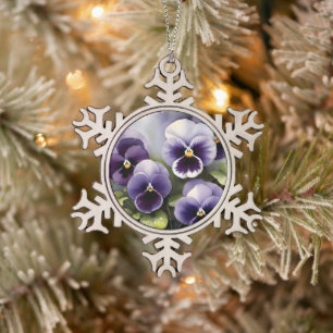 Pretty purple pansies watercolor painting snowflake pewter christmas ornament