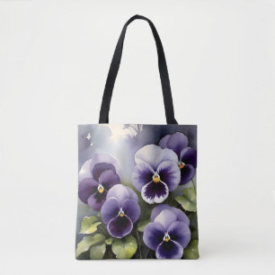 Pretty purple pansies watercolor painting tote bag
