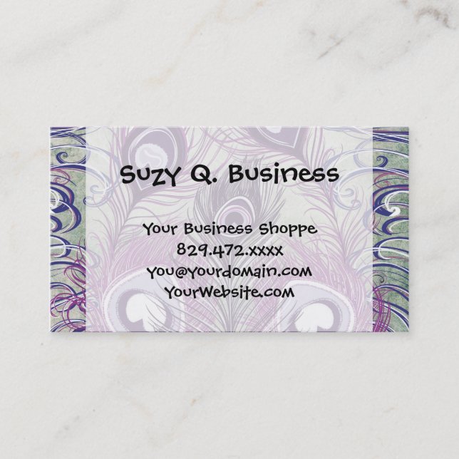 Pretty Purple Peacock Feathers Elegant Design Business Card (Front)