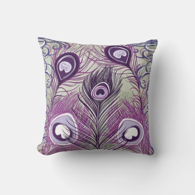 Pretty Purple Peacock Feathers Elegant Design Throw Pillow (Front)