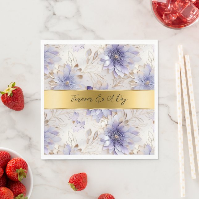 Pretty Purple Pearl Gold Floral Wedding Napkin (Insitu)