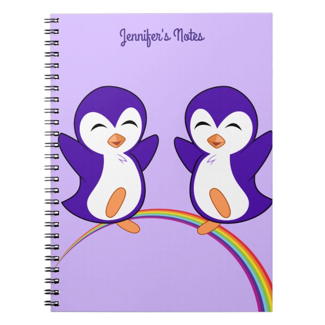 Pretty Purple Penguin Rainbow Monogram Kids Notebook (Front)