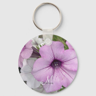 Pretty Purple Petunia Photo Monogram Name Keychain