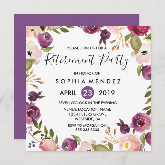 Pretty Purple Pink Botanical Retirement Party Invitation (Front/Back)