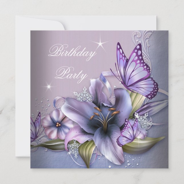 Pretty Purple Pink Butterfly Flowers Birthday Invitation (Front)