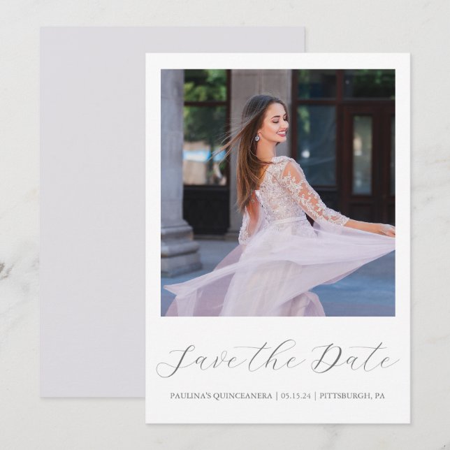 Pretty Purple Quinceanera Simple Calligraphy Photo Save The Date (Front/Back)