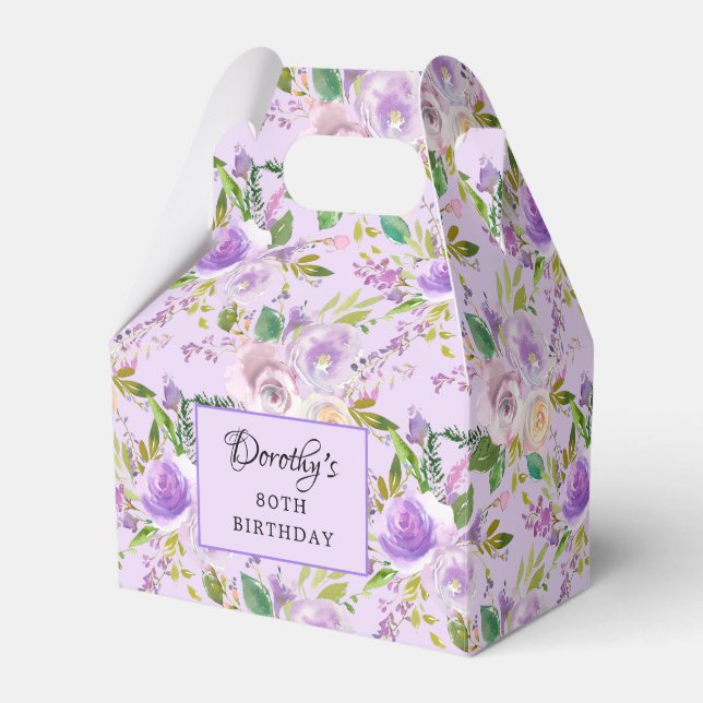 Pretty Purple Rose Floral 80th Birthday Favor Box (Front Side)