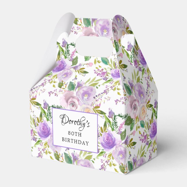 Pretty Purple Rose Floral 80th Birthday Favour Box (Front Side)