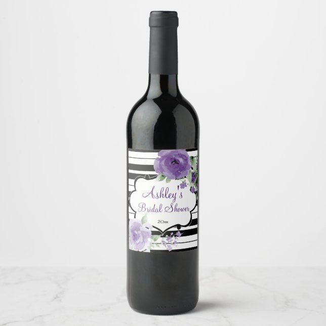 Pretty Purple Roses and Stripes Wine Label (Front)