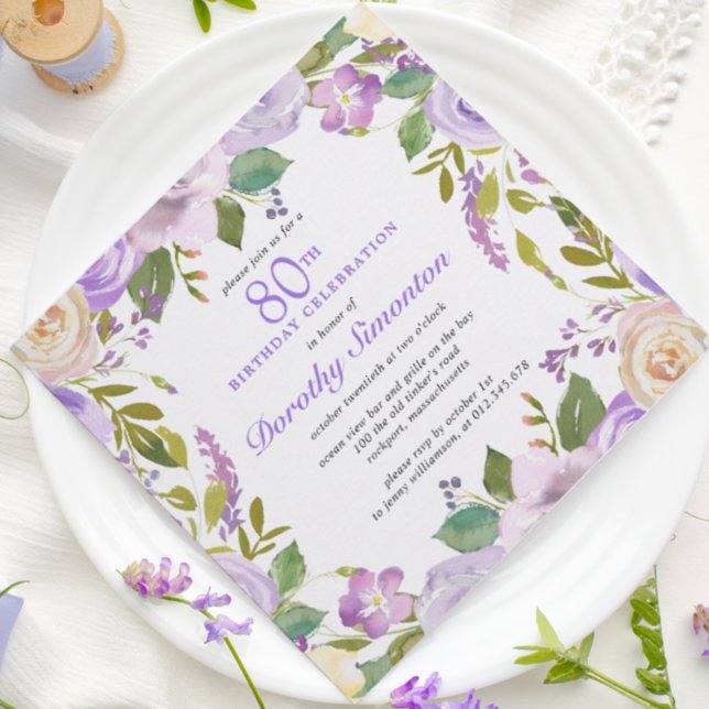 Pretty Purple Rustic Floral 80th Birthday Invitation (Creator Uploaded)