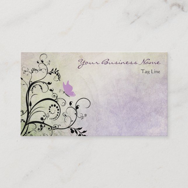 Pretty Purple Silhouette Butterfly and Vines Business Card (Front)