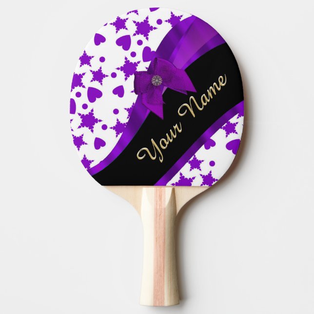 Pretty purple spotty girly pattern personalized ping pong paddle (Front)
