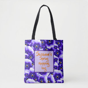 Pretty Purple Spring Pansies Pattern and Your Name Tote Bag
