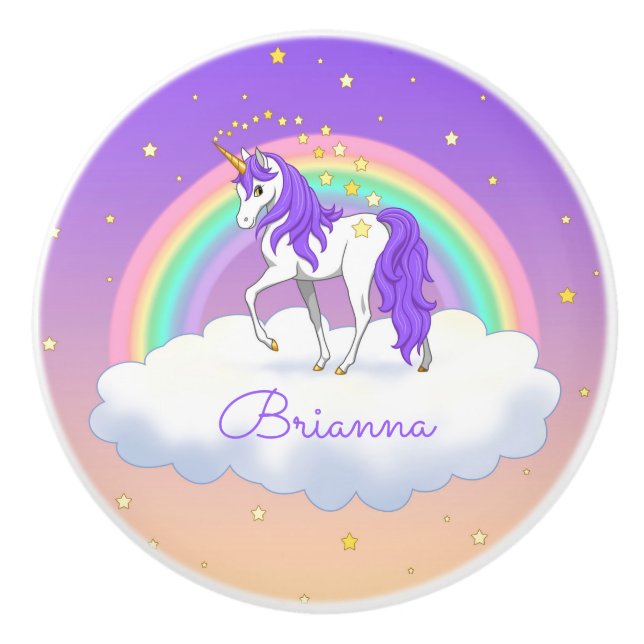 Pretty Purple Sweet Dreams Rainbow Unicorn Ceramic Knob (Front)