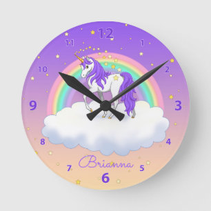 Pretty Purple Sweet Dreams Rainbow Unicorn Round Clock