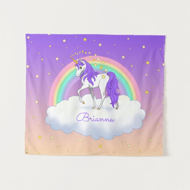 Pretty Purple Sweet Dreams Rainbow Unicorn Tapestry (Front (Horizontal))