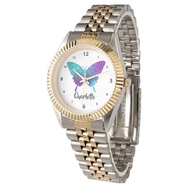 Pretty Purple Teal Big Butterfly Personalized Watc Watch (Angled)