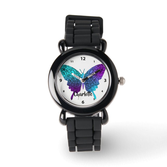 Pretty Purple Teal Big Butterfly Personalized Watch (Front)