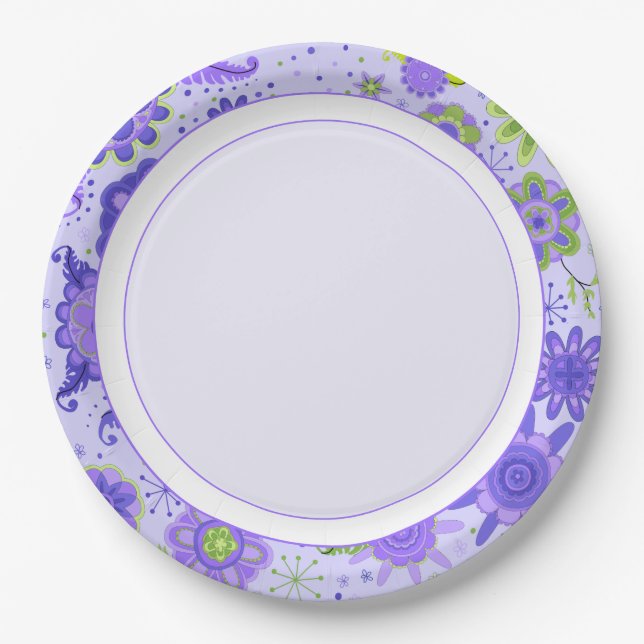 Pretty Purple Theme Retro Flowers Floral Pattern Paper Plate (Front)