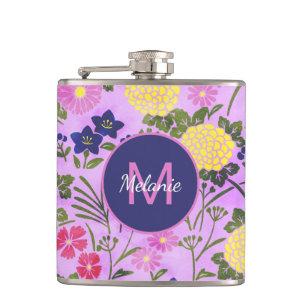 Pretty Purple Vintage Flower Pattern Personalised Hip Flask