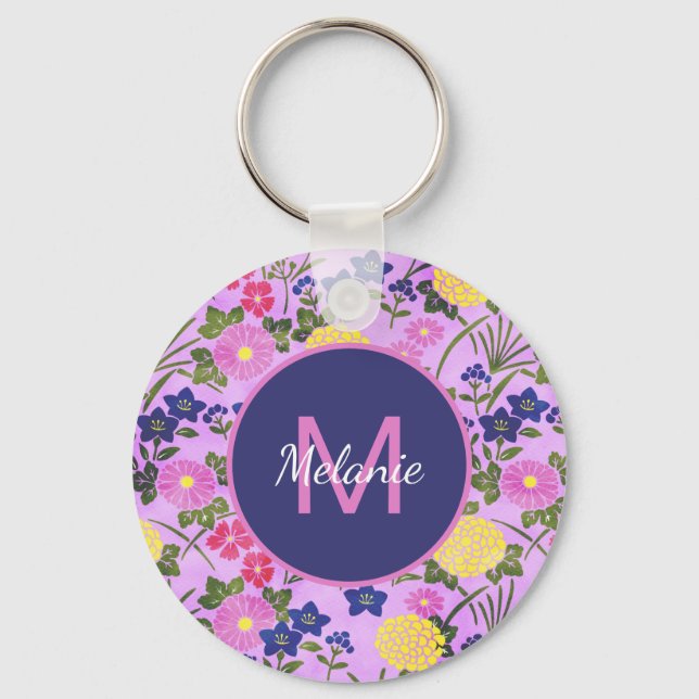 Pretty Purple Vintage Flower Pattern Personalised Keychain (Front)