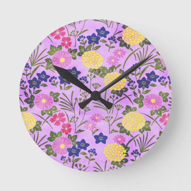 Pretty Purple Vintage Flower Pattern Round Clock (Front)
