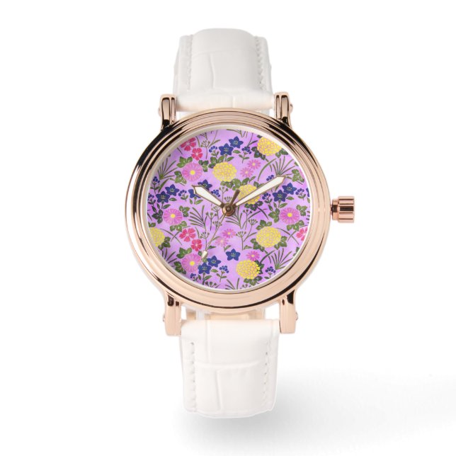 Pretty Purple Vintage Flower Pattern Watch (Front)