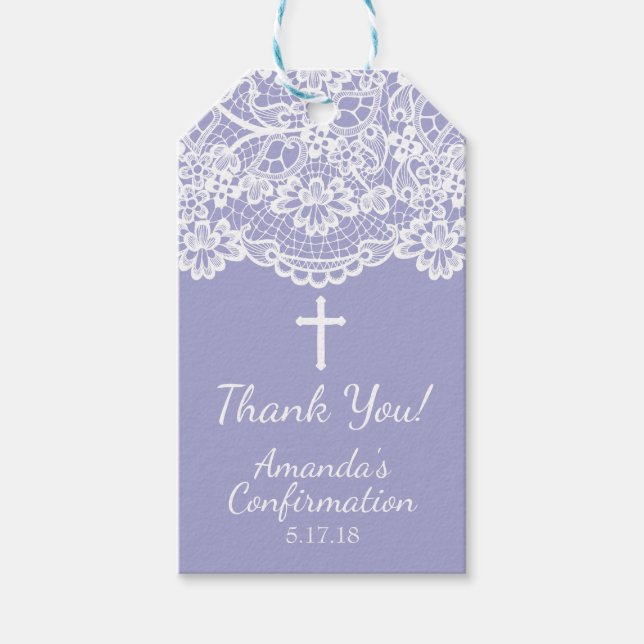 Pretty Purple Vintage Lace Confirmation Gift Tag (Front)