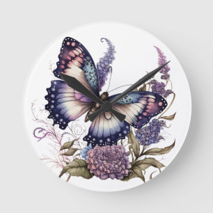 PRETTY PURPLE WATERCOLOR BUTTERFLIES AND FLOWERS ROUND CLOCK