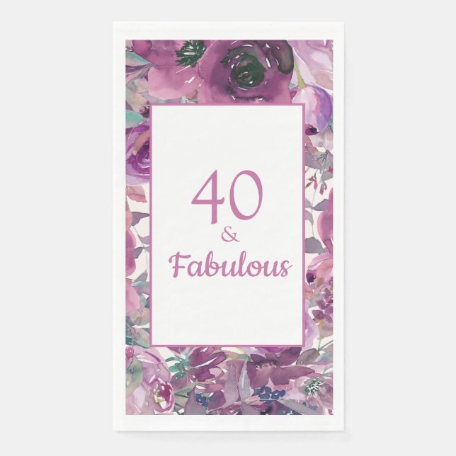 Pretty Purple Watercolor Floral 40 Fabulous  Napkin (Front)