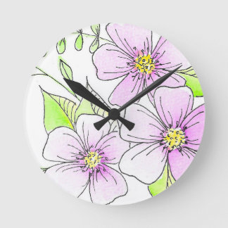 Pretty Purple Watercolor Flowers Round Clock