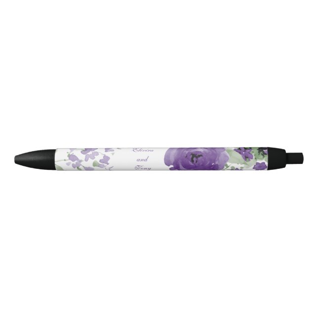 Pretty Purple Watercolor Roses Black Ink Pen (Front)