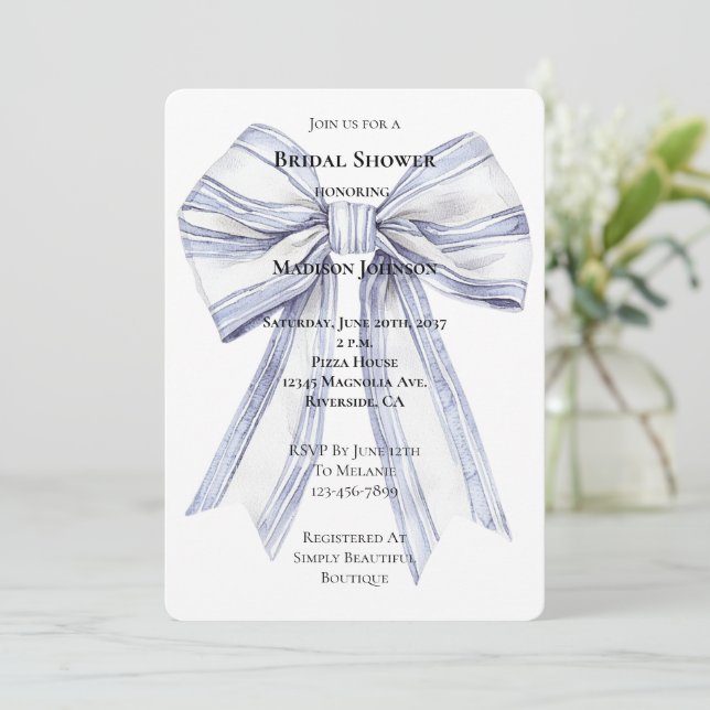Pretty Purple White Bow Bridal Shower Invitation (Standing Front)