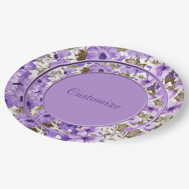 Pretty Purple & White Floral Paper Plates (Angled)