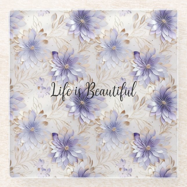 Pretty Purple White Flowers Glass Coaster (Front)