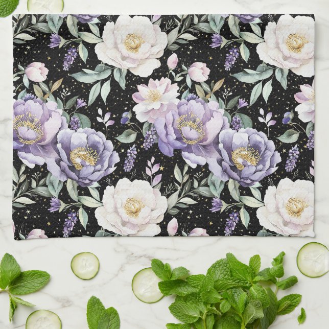 Pretty Purple White Flowers Kitchen Towel (Folded)